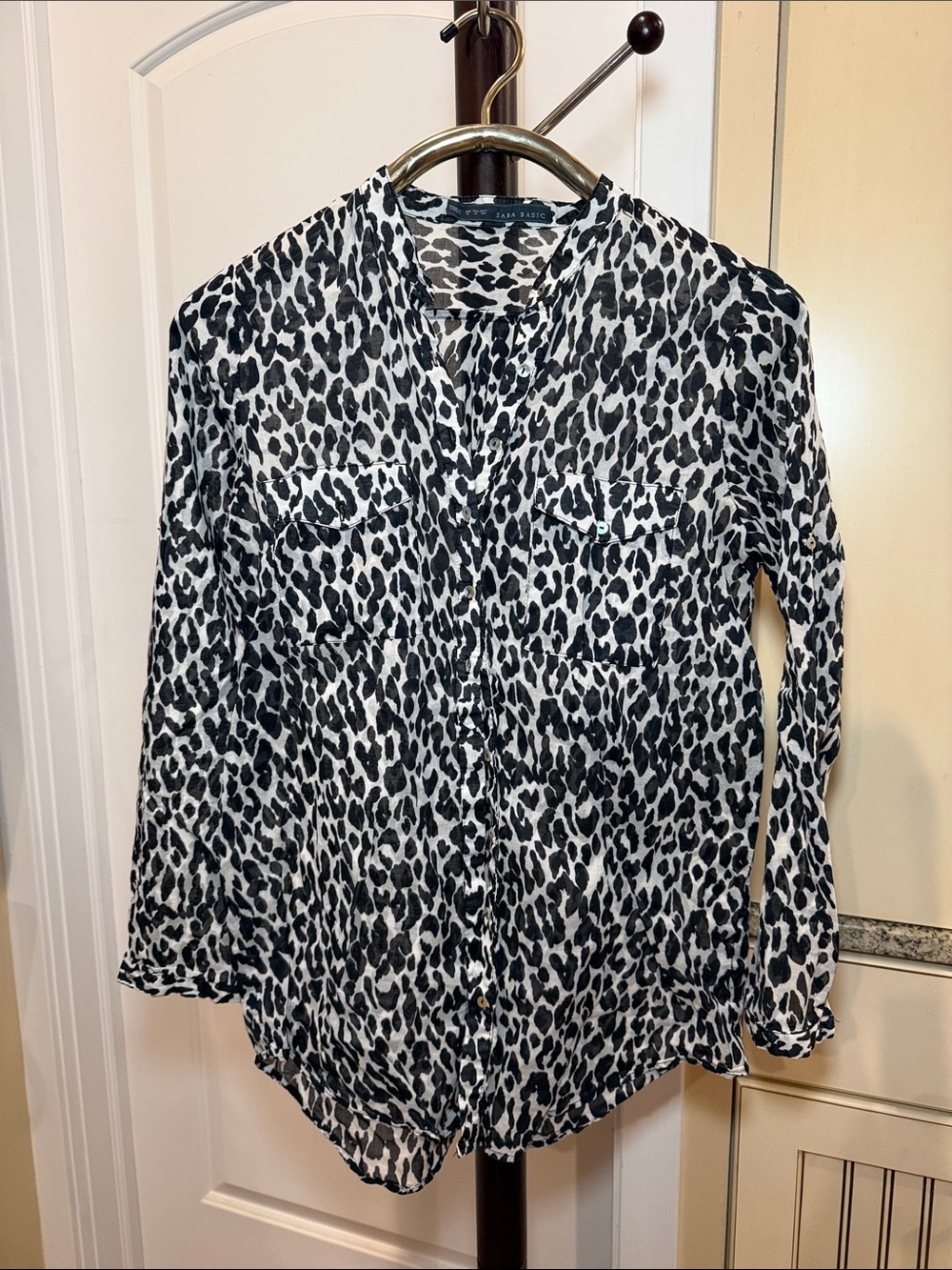 Zara Black and White Leopard-Print Button Down Shirt